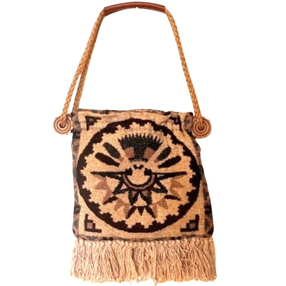 Carpetbags of America 1970 Vintage Aztec Tapestry Fringe Wood Detail Crossbody